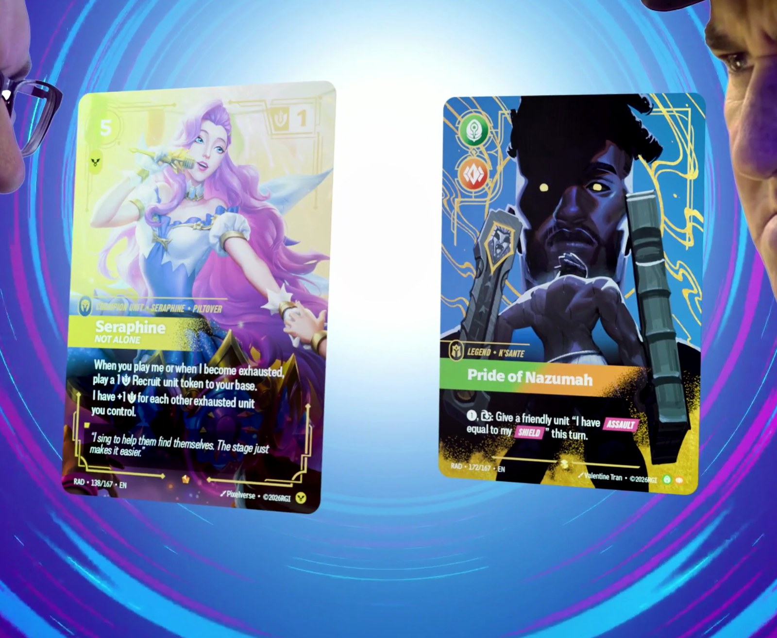Two Radiance cards facing off in Riot's video: Seraphine, Not Alone and K'Sante's Legend, Pride of Nazumah.