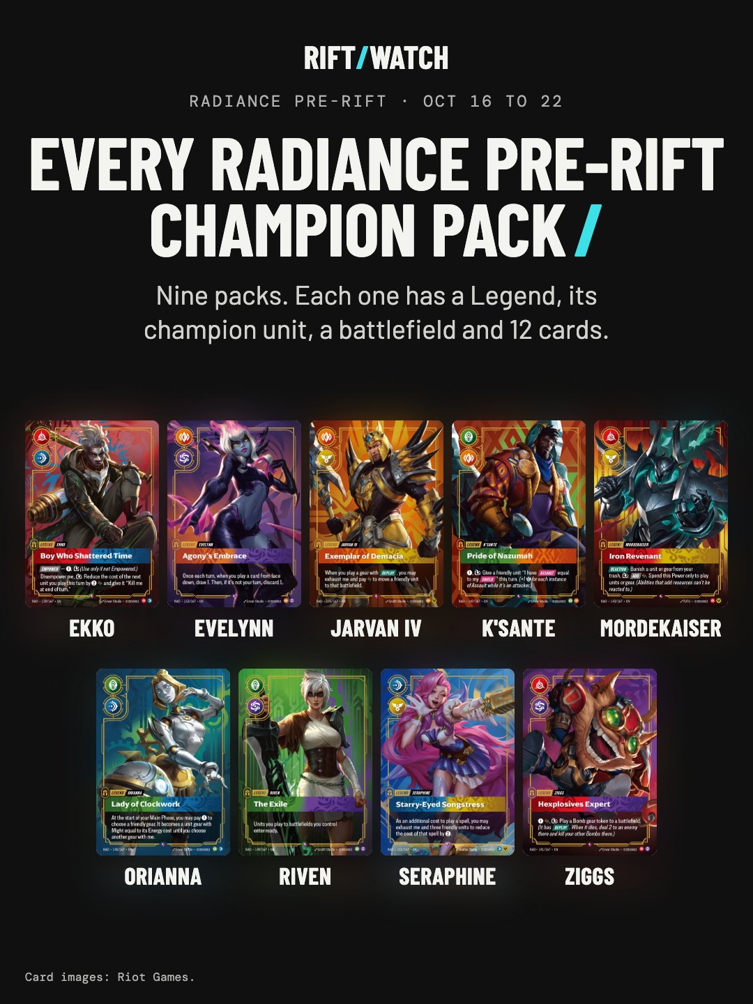 The nine Radiance Pre-Rift champion packs: Ekko, Evelynn, Jarvan IV, K'Sante, Mordekaiser, Orianna, Riven, Seraphine and Ziggs.
